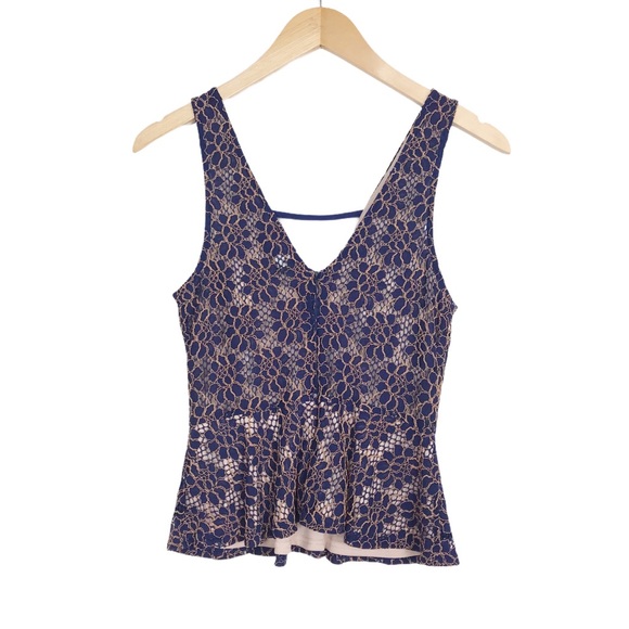 ASTR Blue & Gold Lace Peplum Top - Picture 3 of 10